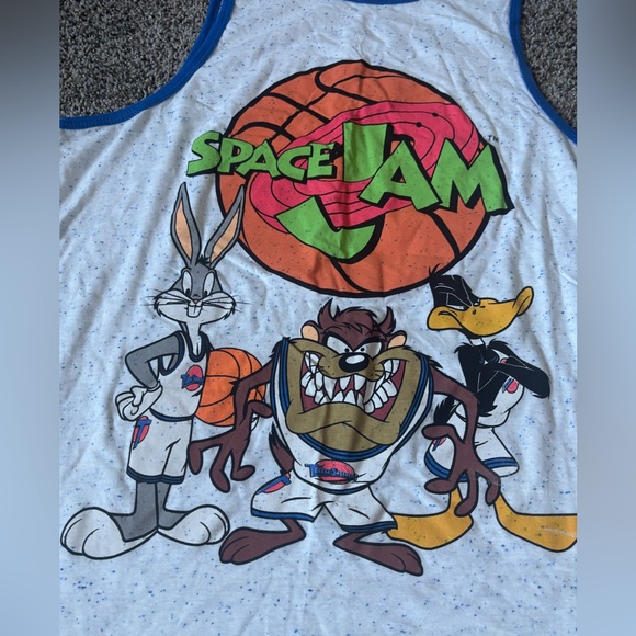 Men’s preloved space jam looney tunes Tank Top - White with Blue Trim medium - Picture 2 of 4